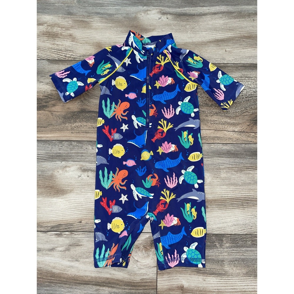 Mini Boden Sea Creature Zip Rash Guard One Piece Swimsuit Hat 3-6 Months Navy